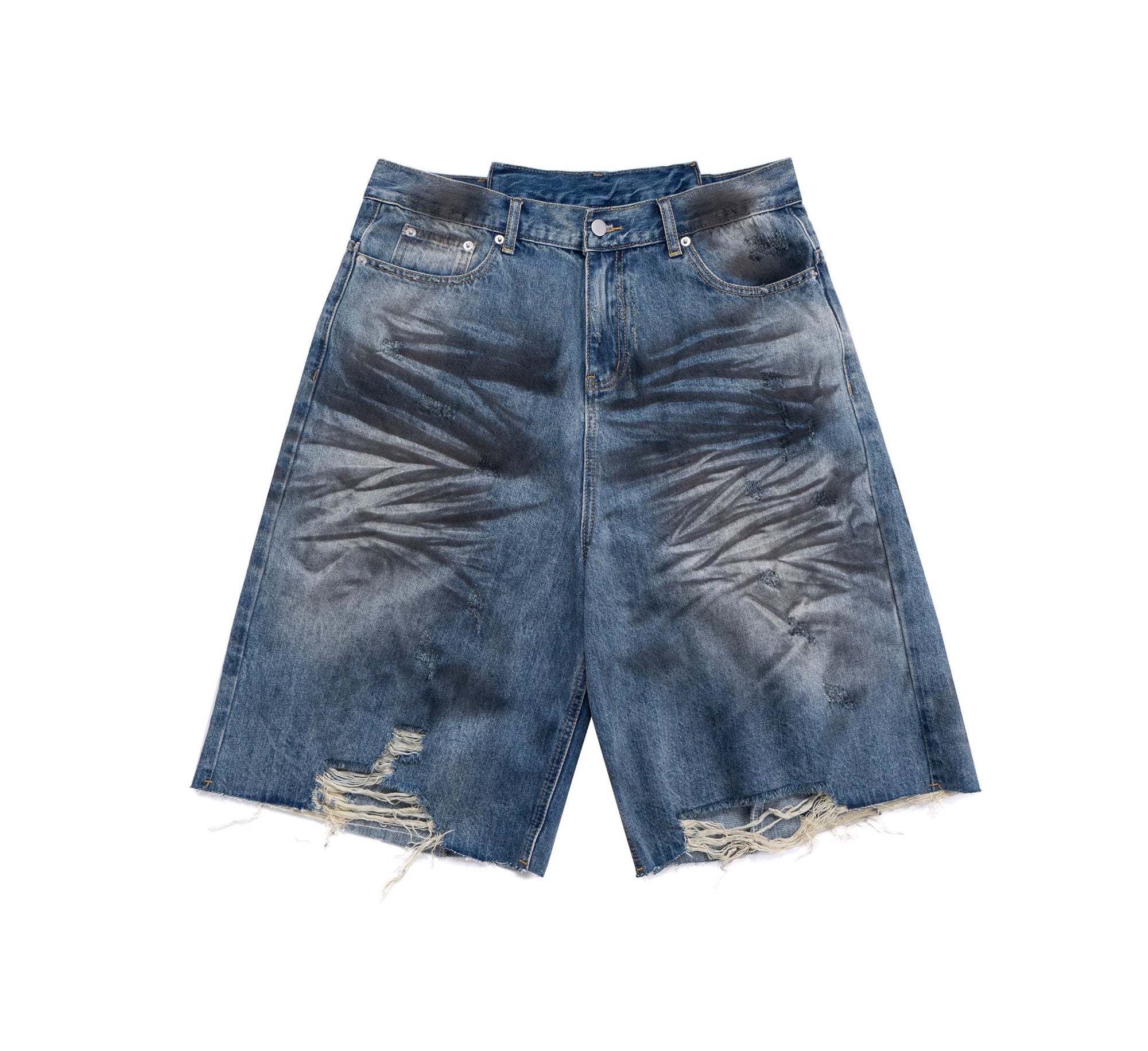Washed Distressed Stained Clawed Leg Knife Cut Irregular Panel Loose Cropped Denim Shorts