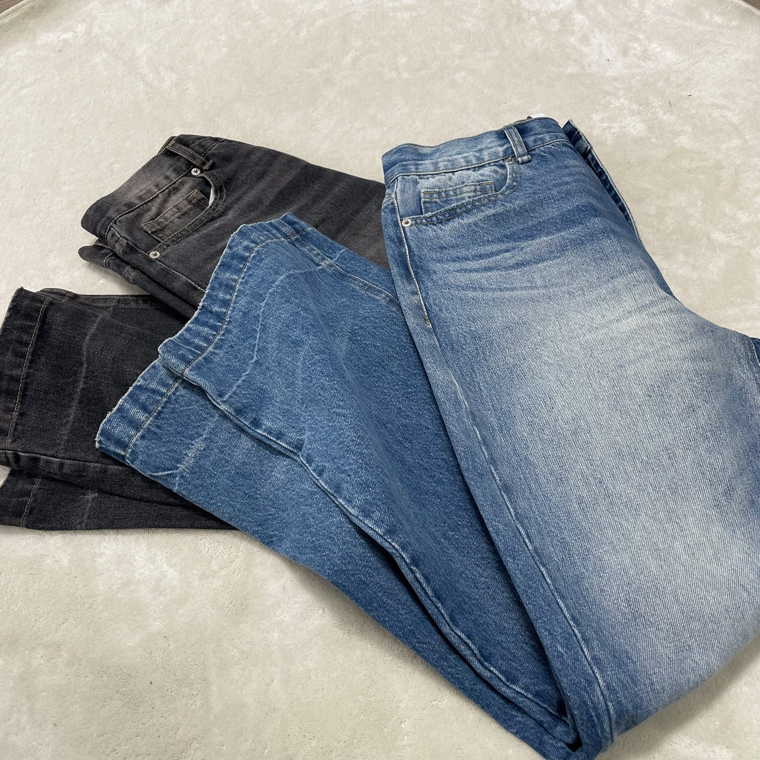 "Glacier Ripple" Ice Washed Blue and Black Old High Ounce A-line straight wide-leg Jeans for Men