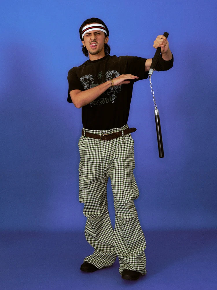 Green Check Premium Street Vintage Pocket Pants Cargo for Men & Women