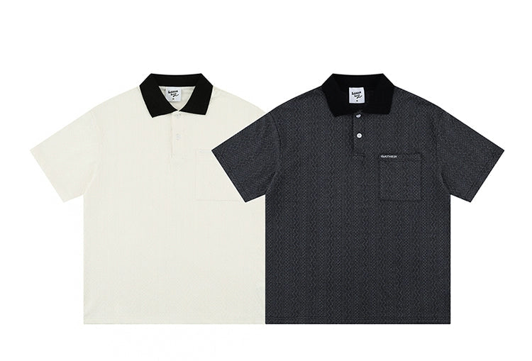 Minimalist White Polo Shirt with Black Contrast Collar and Pocket Detail