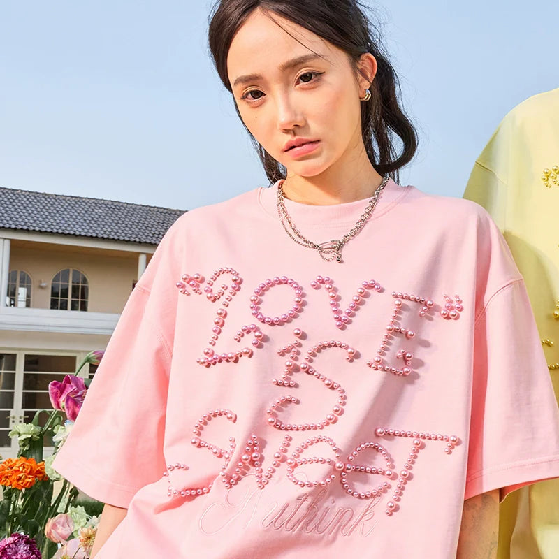 Dopamine Pearl Short Sleeve T-Shirt Alphabet Trendy Brand Loose Half Sleeve Men and Women Couples 2025