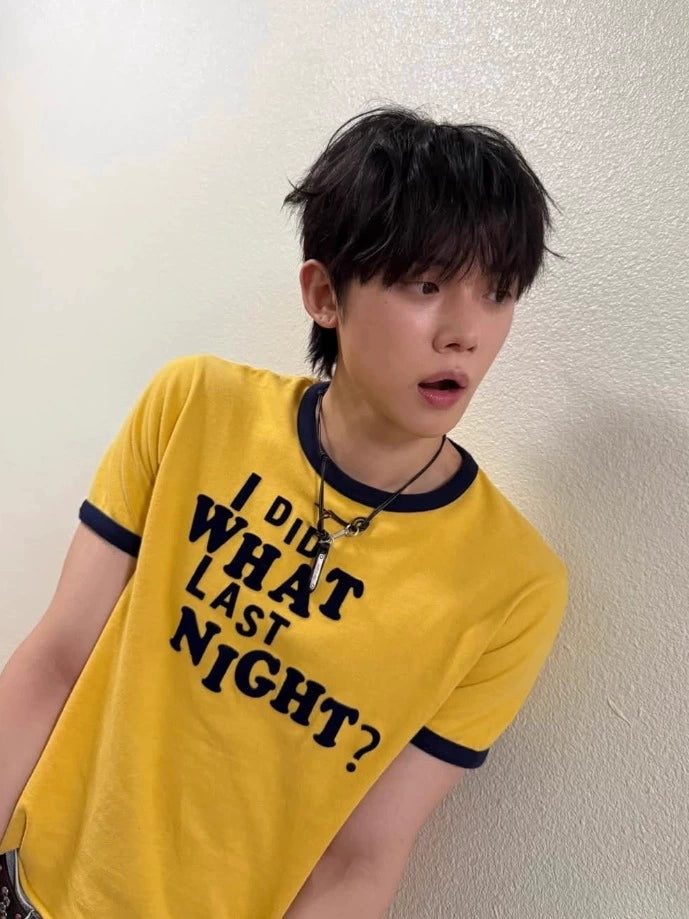 Black & Yellow Contrasting Letters "I DID WHAT LAST NIGHT?", Short-sleeved Unisex Leisure Travel T-shirt