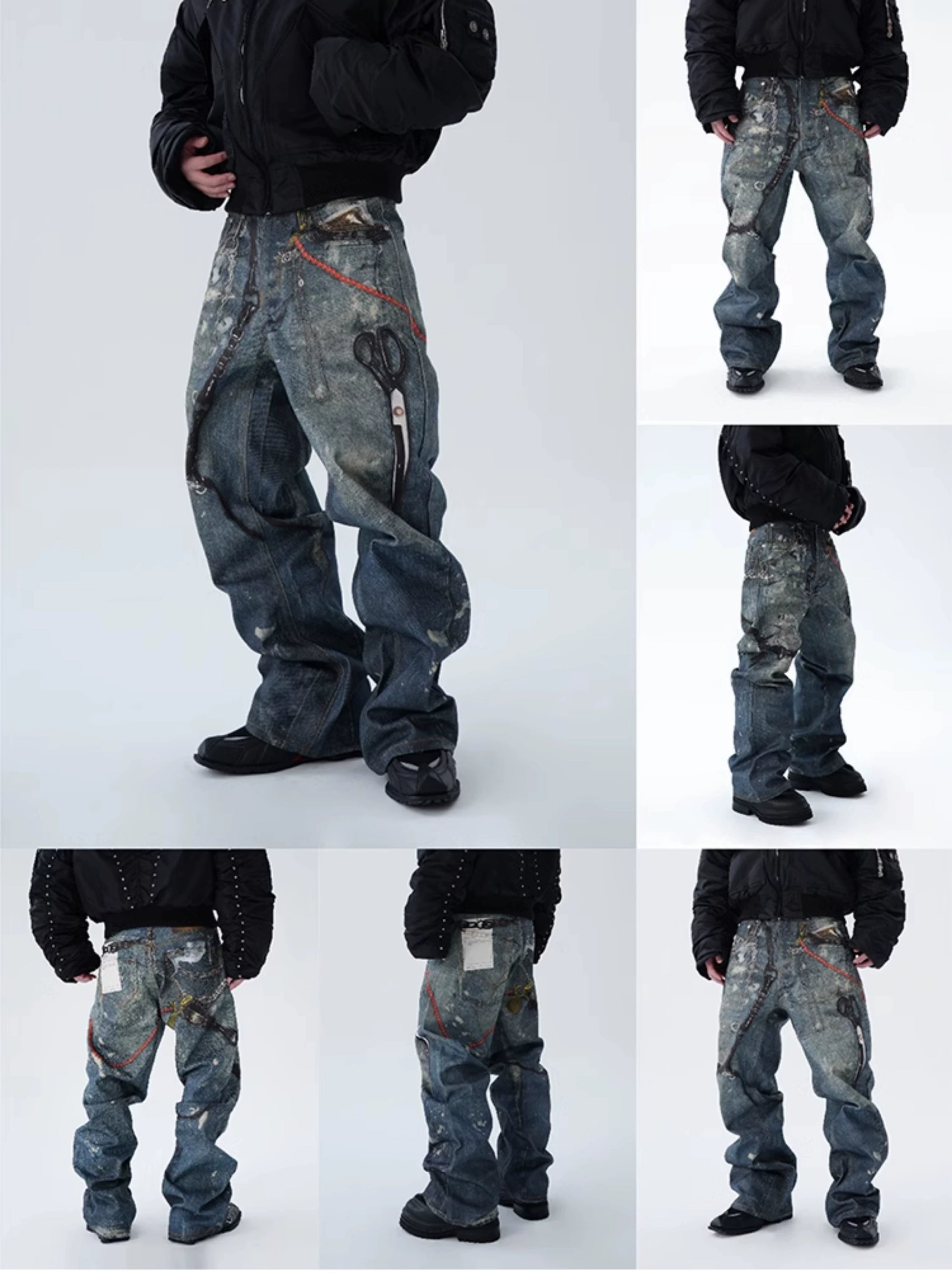 Cubbiluppi™ Printed Chain & Scissors Graphic on a Loose Straight Wide Leg Denim Jeans Trousers Tide for Men