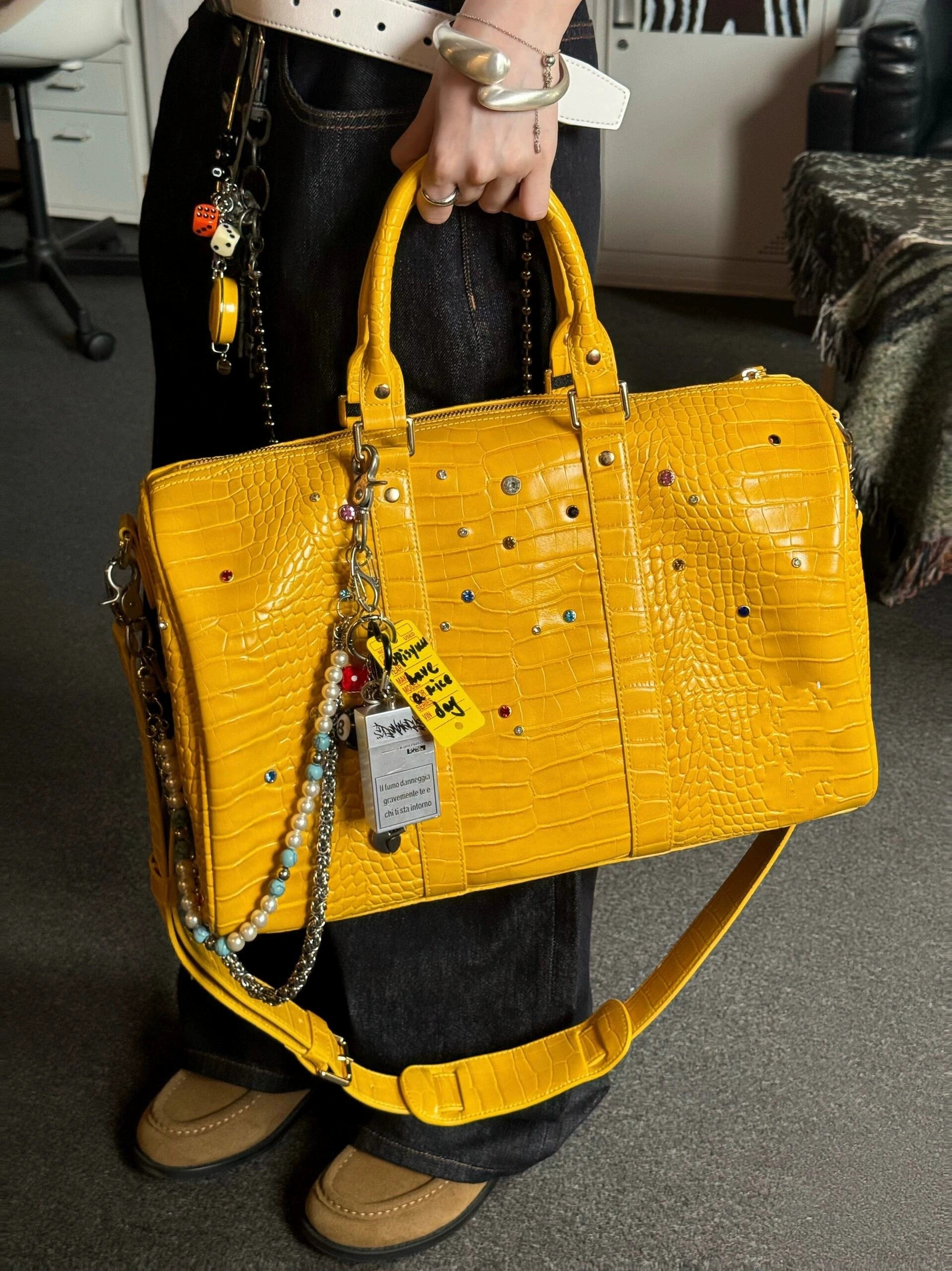 Vibrant Yellow Croc-Embossed Handbag with Colorful Gemstone Details & Chain Strap for Men & Women
