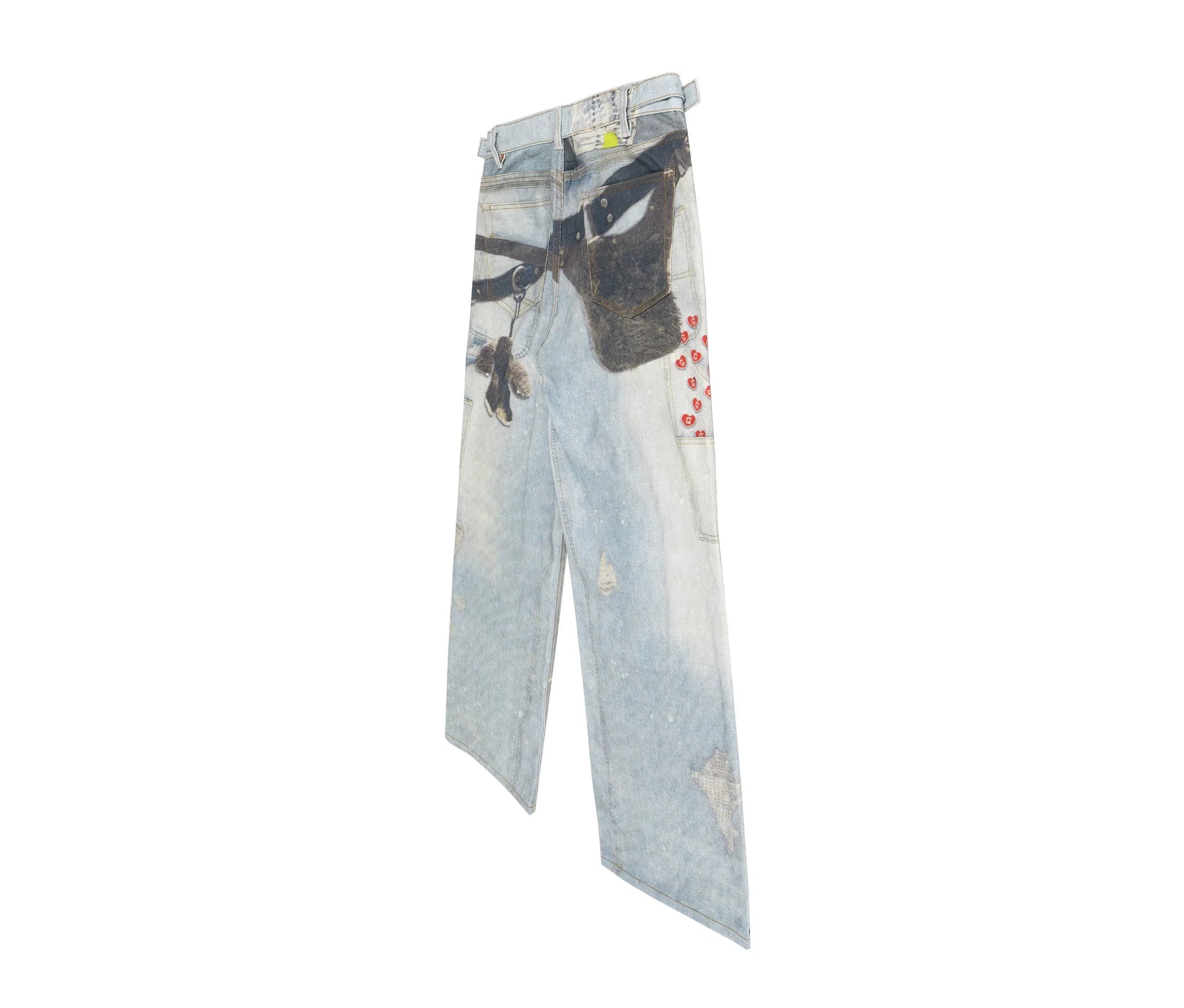 Loose Straight Wide-Leg Floor-Length Blue Jeans with Printed Visual Keychain Pattern