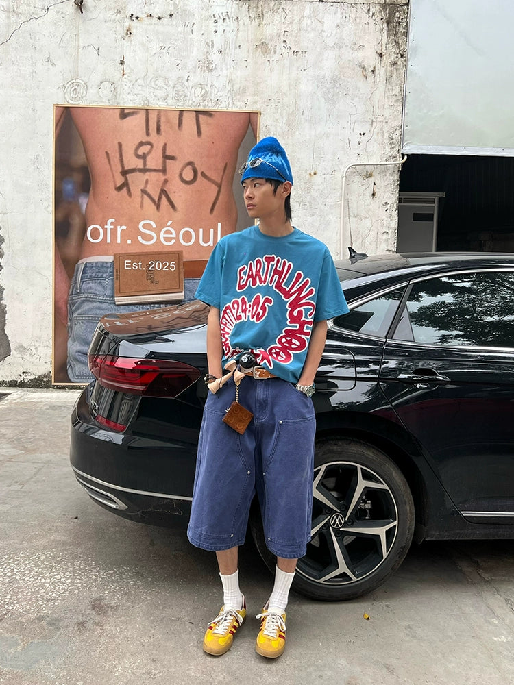 Retro Hard Texture Washed Wide-Leg Denim Jeans Cropped Pants/Shorts for Men and Women