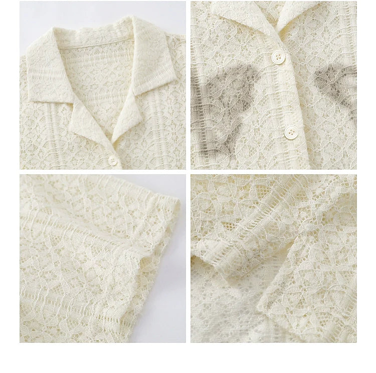 Butterfly Lace Button-Up Shirt Apricot Butterfly Shirt Lapel Oversize & Versatile for Men – Soft Cream