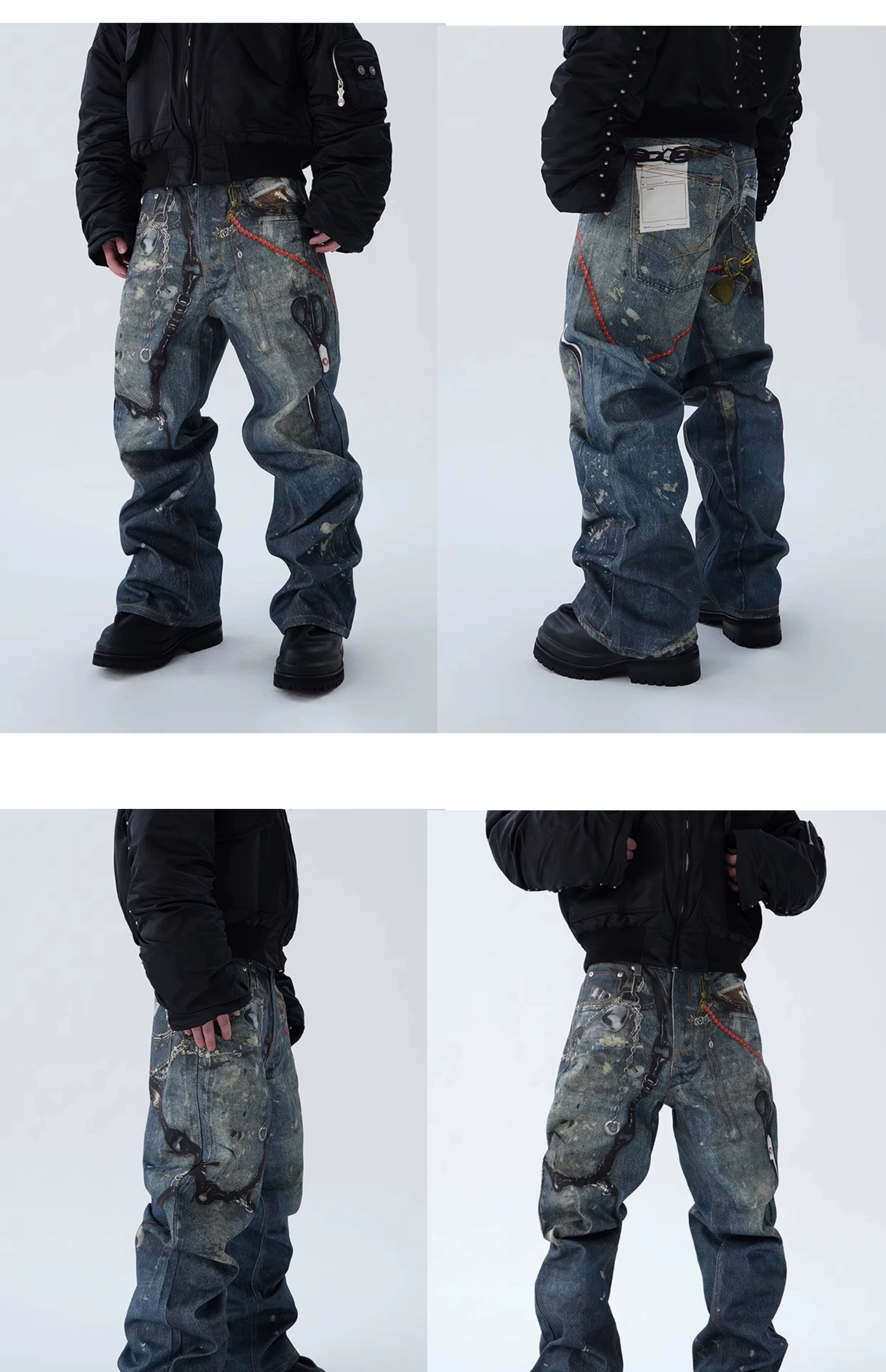 Cubbiluppi™ Printed Chain & Scissors Graphic on a Loose Straight Wide Leg Denim Jeans Trousers Tide for Men
