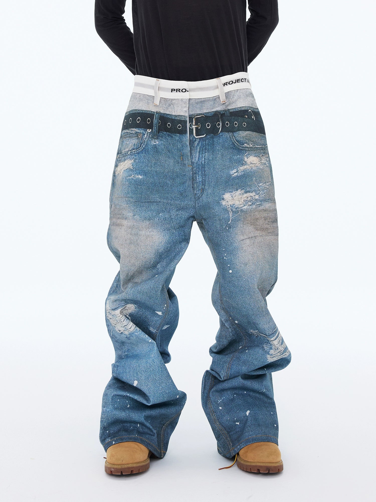 3d Blue Printed Denim Three-dimensional Visual Effect Loose Double Waist Toe Mopping Wide Leg Jeans Tide