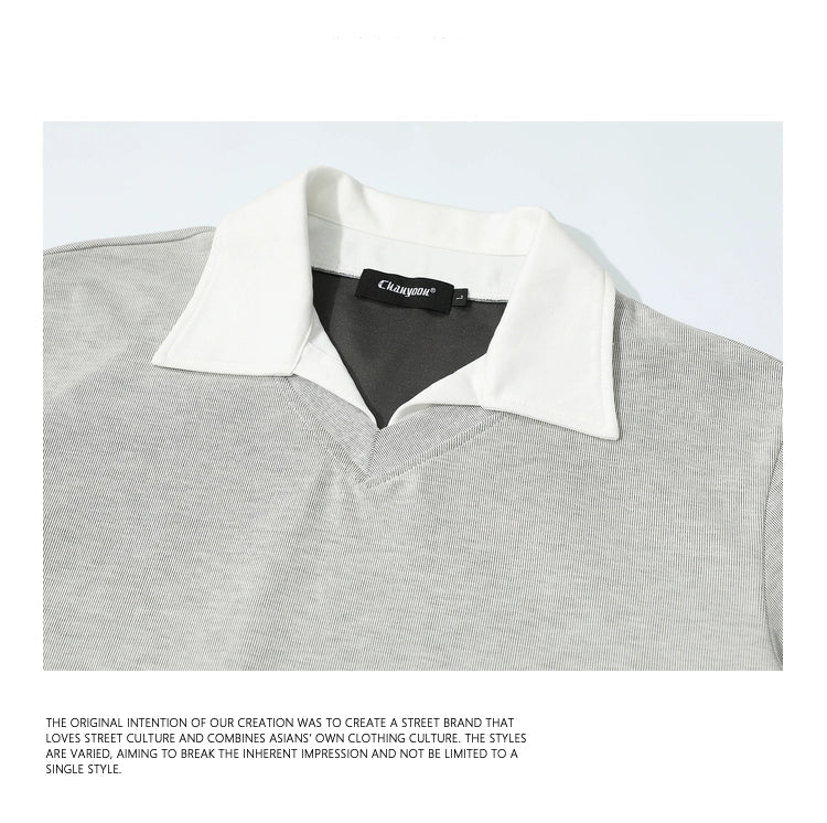 Men’s Contrast Collar Knit Polo Shirt – Short Sleeve Casual Grey Top with White Trim