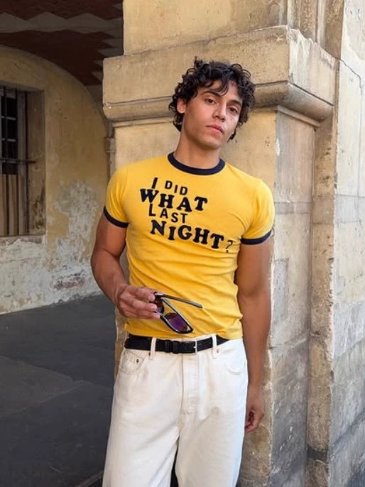 Black & Yellow Contrasting Letters "I DID WHAT LAST NIGHT?", Short-sleeved Unisex Leisure Travel T-shirt