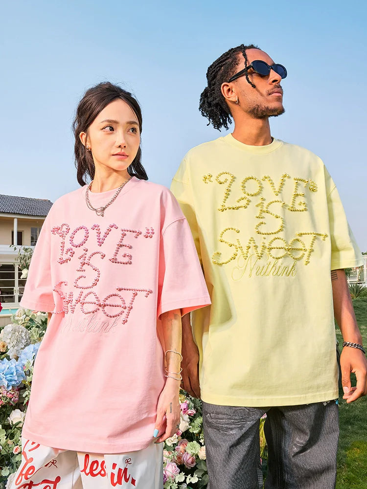 Dopamine Pearl Short Sleeve T-Shirt Alphabet Trendy Brand Loose Half Sleeve Men and Women Couples 2025