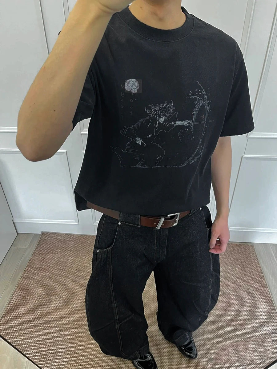 Wide Portrait Print Vintage Distressed Cleanfit Style T-shirt Short-sleeved for Men & Women