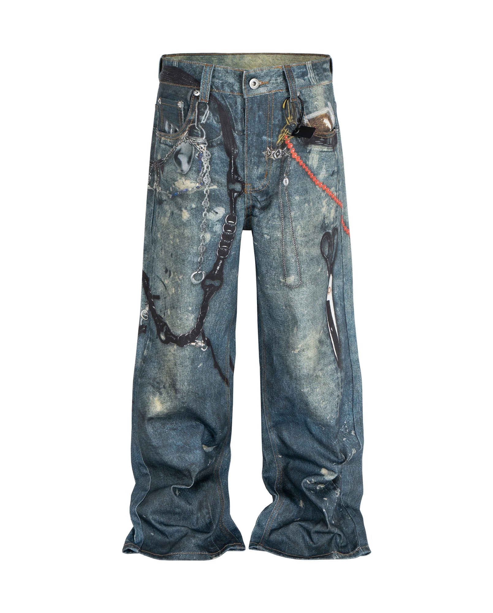 Cubbiluppi™ Printed Chain & Scissors Graphic on a Loose Straight Wide Leg Denim Jeans Trousers Tide for Men