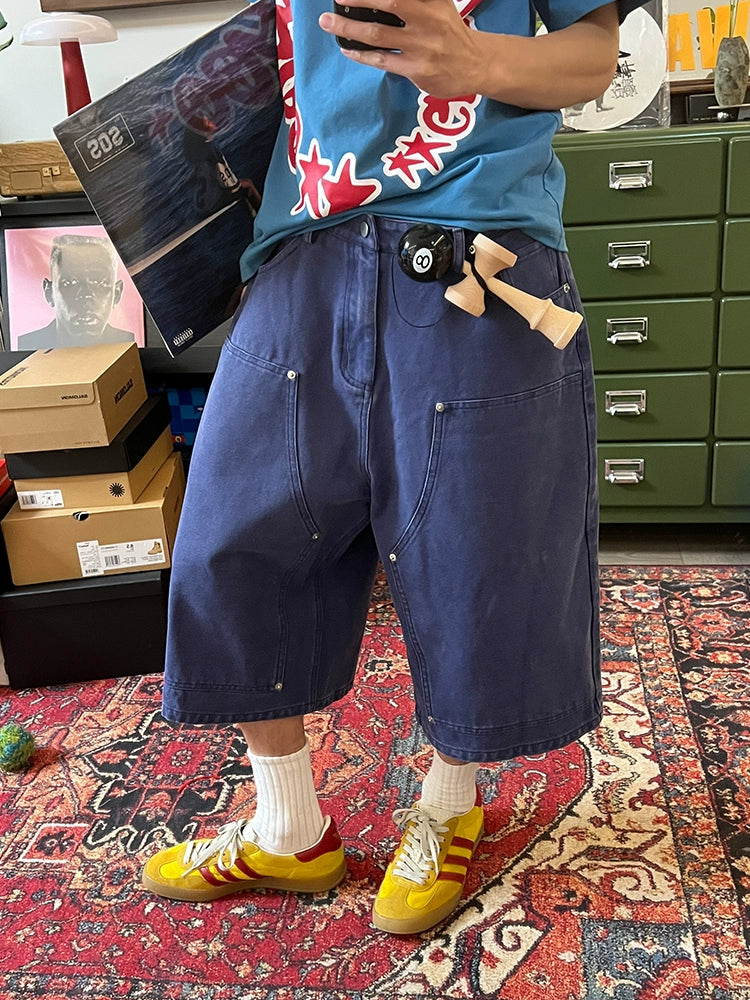 Retro Hard Texture Washed Wide-Leg Denim Jeans Cropped Pants/Shorts for Men and Women