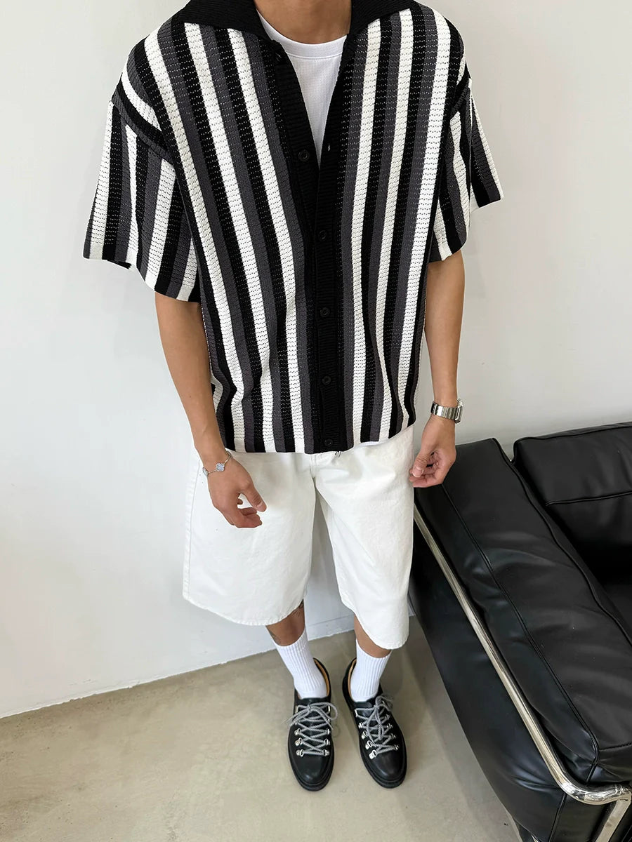 [old money style] American vintage cut-out woven striped shirt men's knitted short-sleeved polo shirt