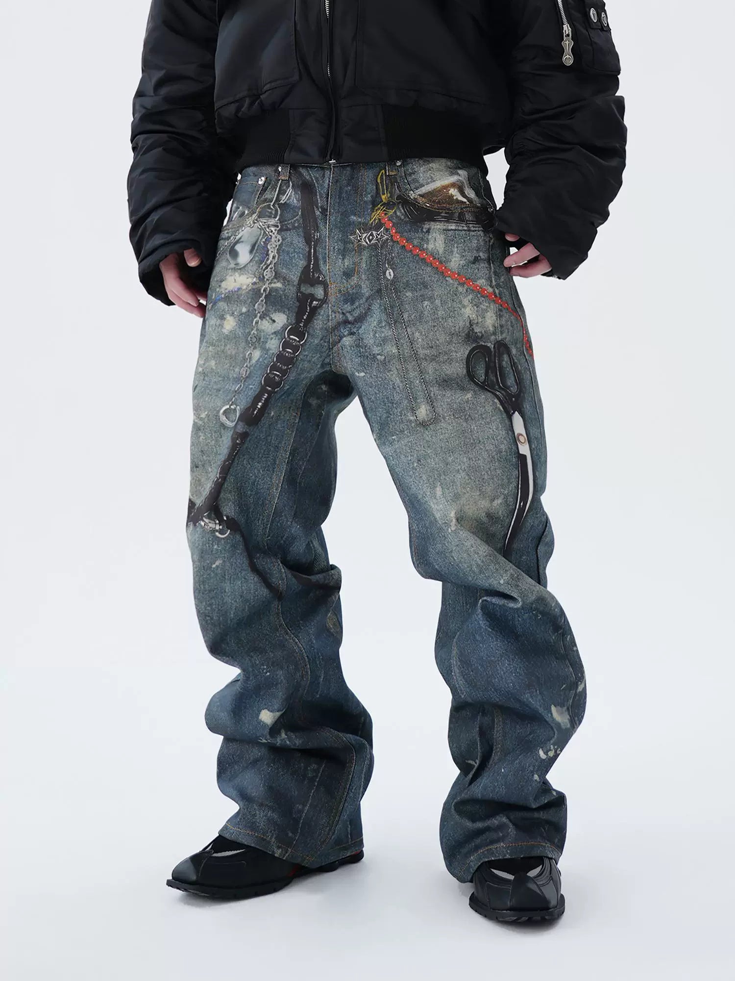 Cubbiluppi™ Printed Chain & Scissors Graphic on a Loose Straight Wide Leg Denim Jeans Trousers Tide for Men