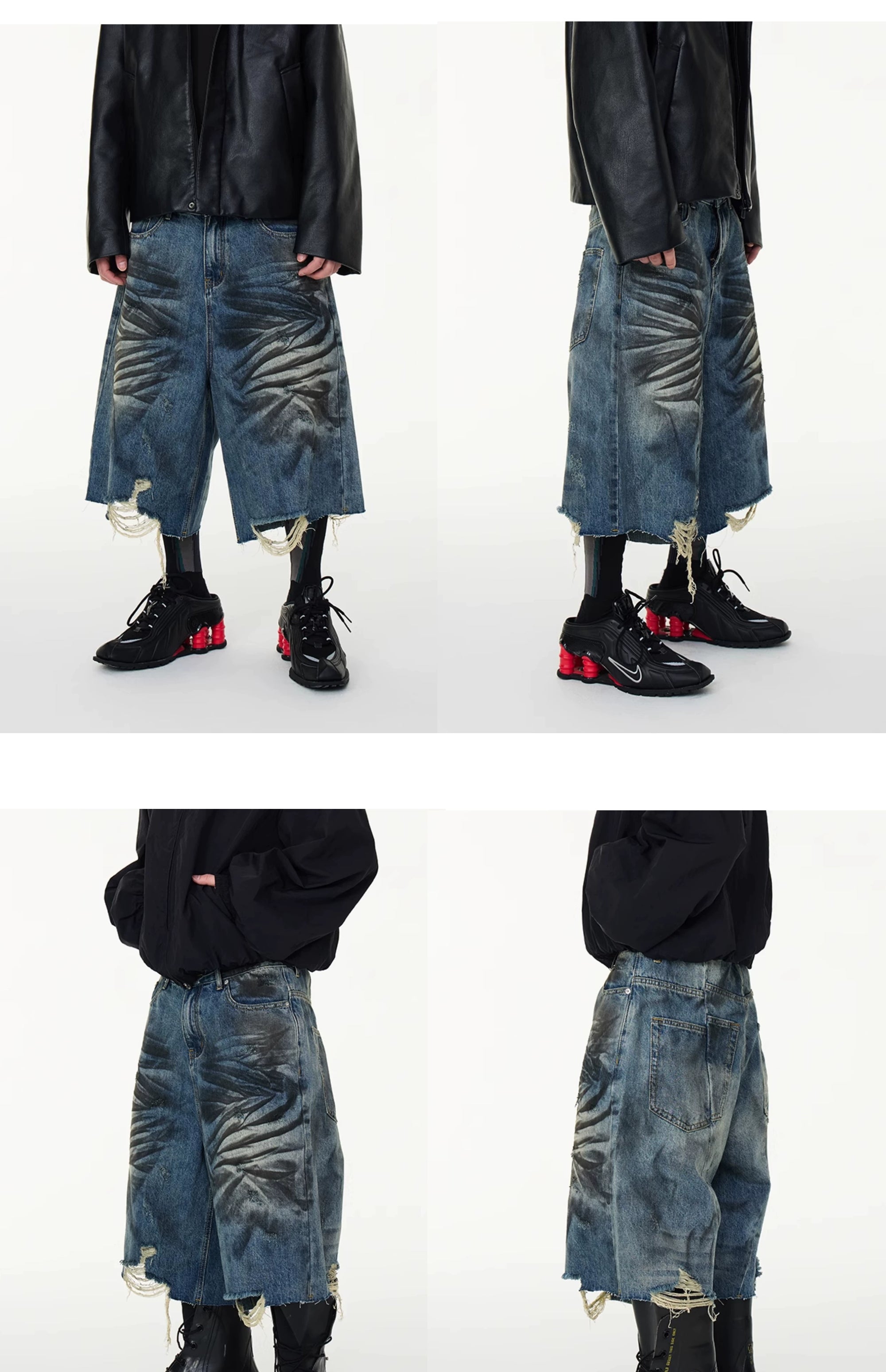 Washed Distressed Stained Clawed Leg Knife Cut Irregular Panel Loose Cropped Denim Shorts