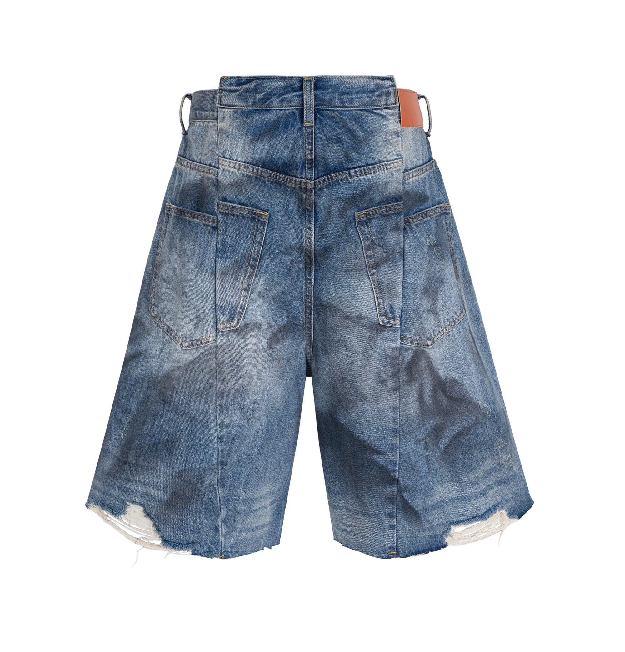 Washed Distressed Stained Clawed Leg Knife Cut Irregular Panel Loose Cropped Denim Shorts