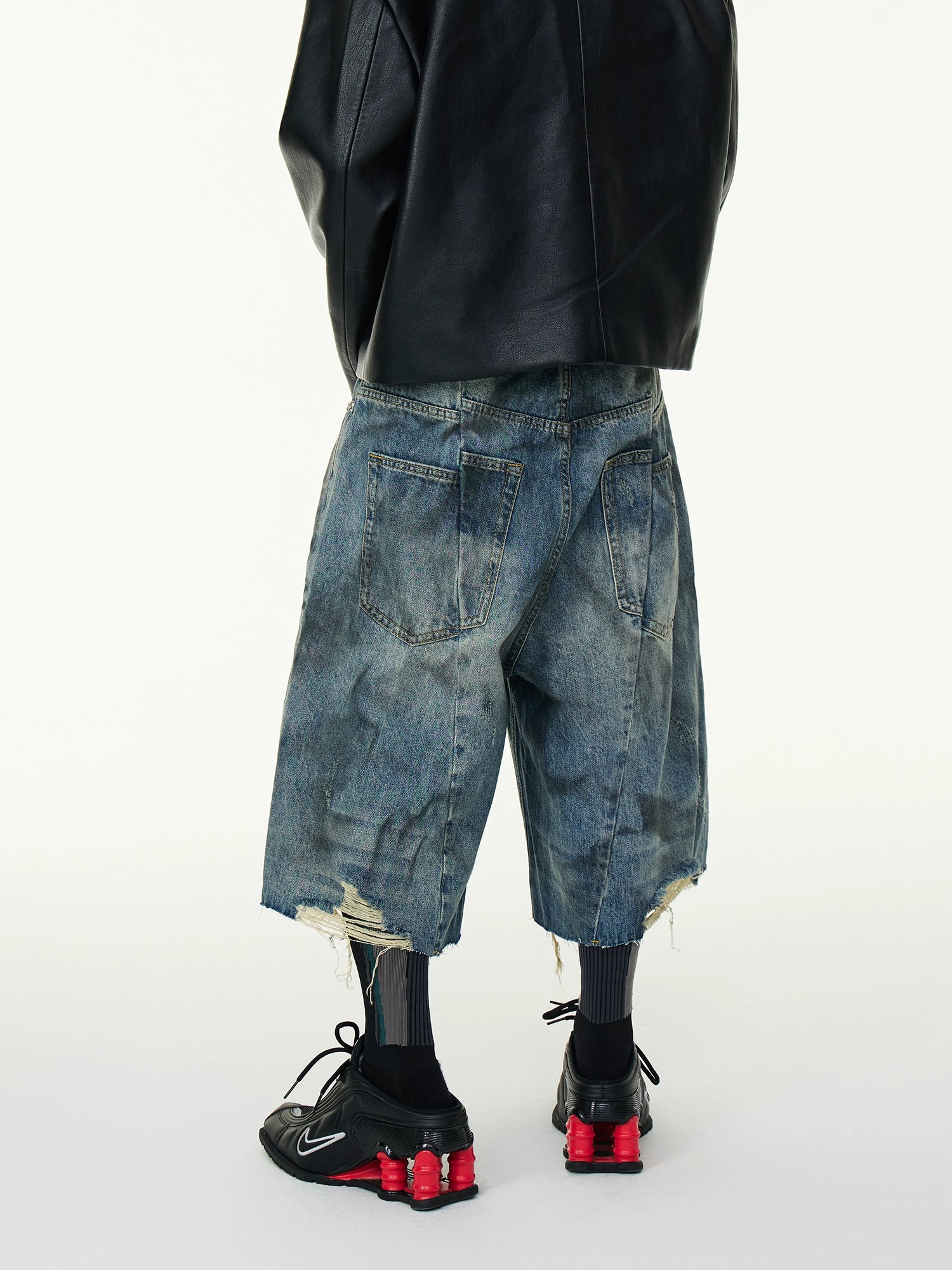 Washed Distressed Stained Clawed Leg Knife Cut Irregular Panel Loose Cropped Denim Shorts