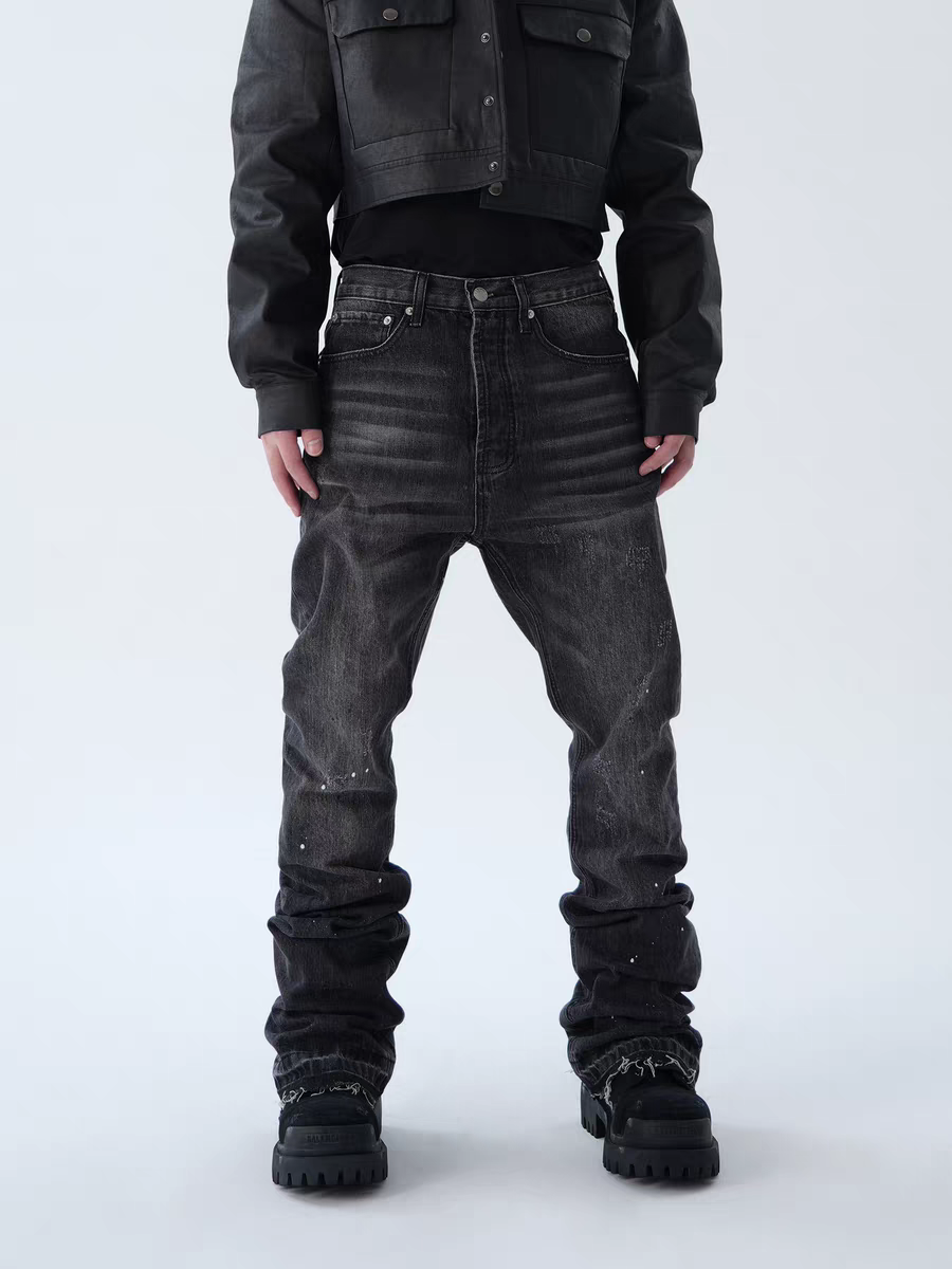 Whisker Textured Worn-out Splash Ink Hand Slim Fit Stacked Denim Jeans Pants Tide
