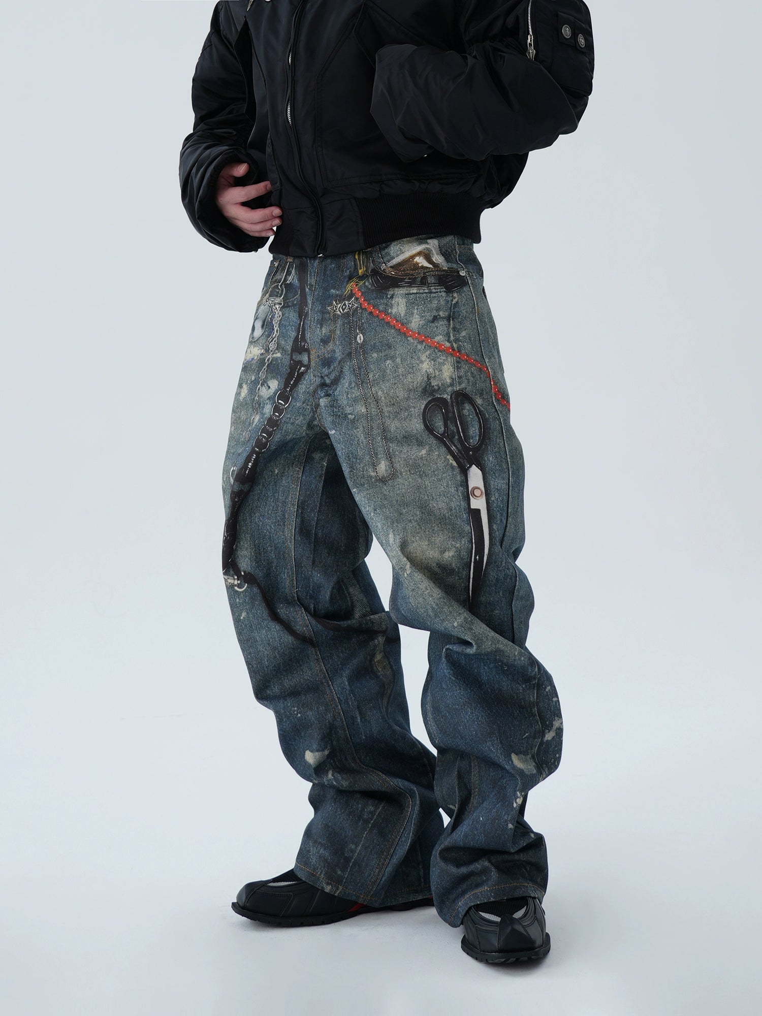 Cubbiluppi™ Printed Chain & Scissors Graphic on a Loose Straight Wide Leg Denim Jeans Trousers Tide for Men