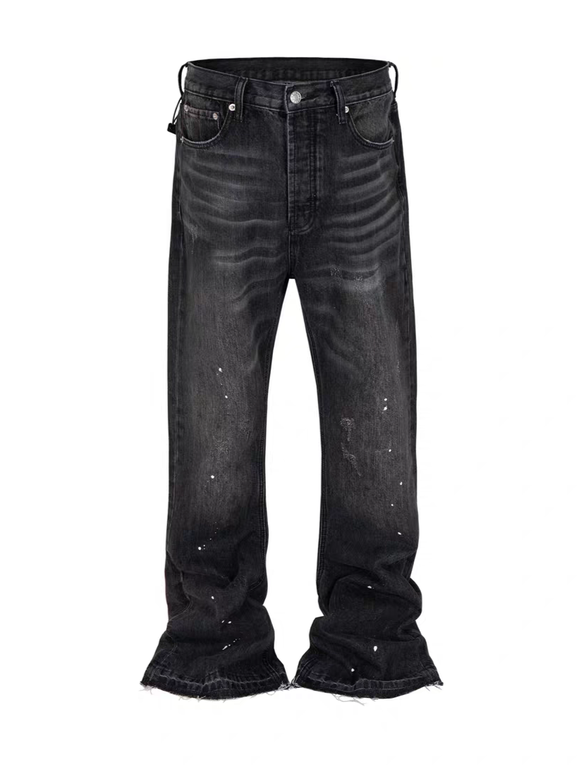 Whisker Textured Worn-out Splash Ink Hand Slim Fit Stacked Denim Jeans Pants Tide