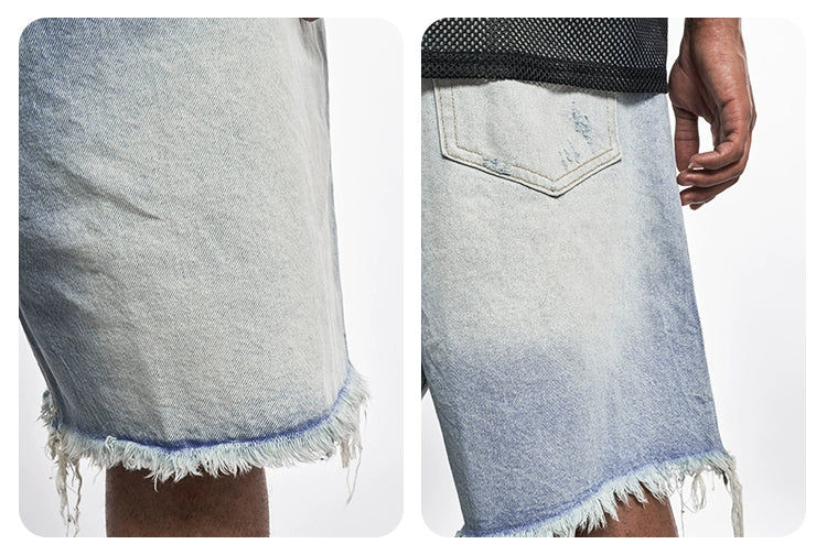Raw Edge Cropped Design Gradient Denim Jeans Shorts