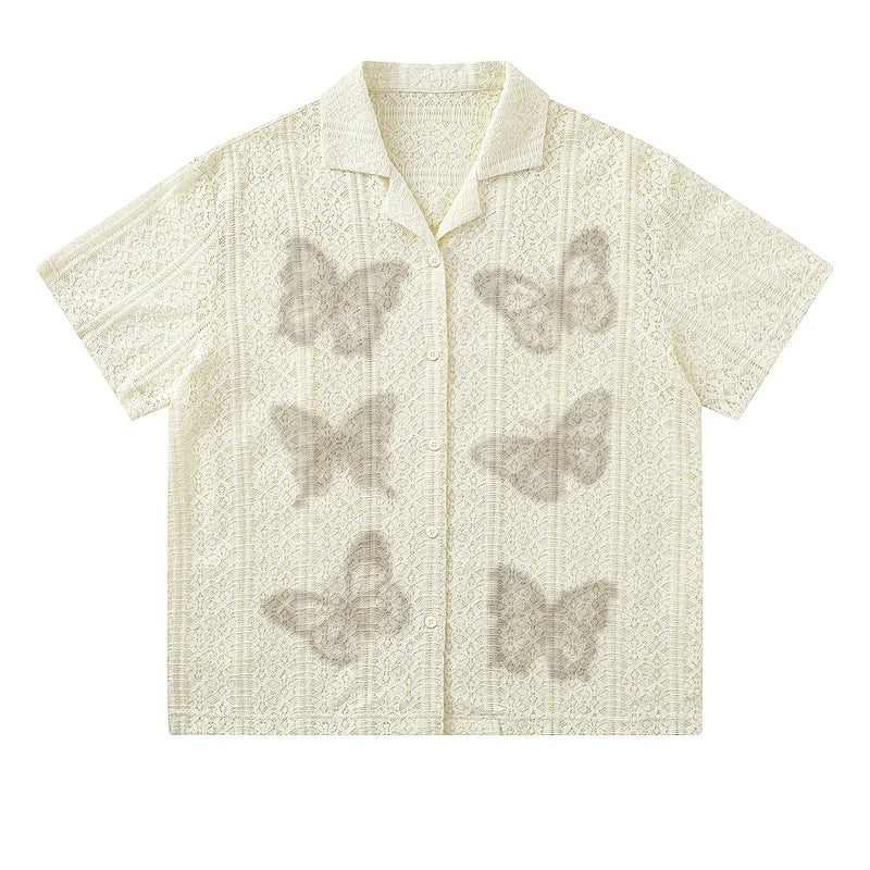 Butterfly Lace Button-Up Shirt Apricot Butterfly Shirt Lapel Oversize & Versatile for Men – Soft Cream