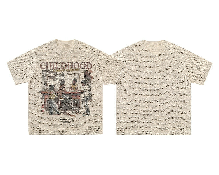 Kids Party Vintage Street Design Knitted Oversize Shirt - Khaki Short-Sleeved T-shirt For Men & Women