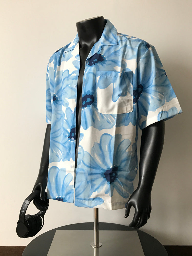 Tropical Casual Style Blue Flowered with Daisy Print Short-Sleeved Shirt for Men & Women Oversize Breathable Shirt