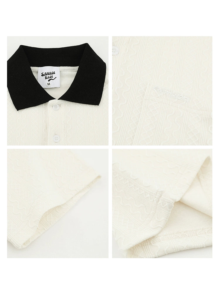 Minimalist White Polo Shirt with Black Contrast Collar and Pocket Detail