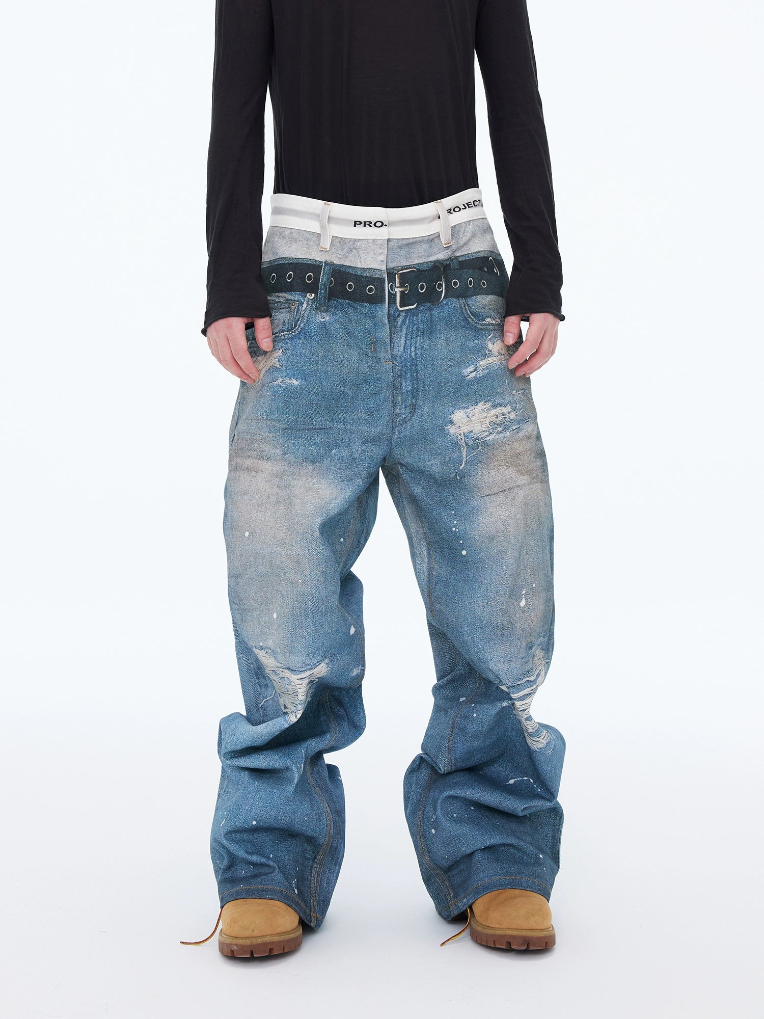 3d Blue Printed Denim Three-dimensional Visual Effect Loose Double Waist Toe Mopping Wide Leg Jeans Tide