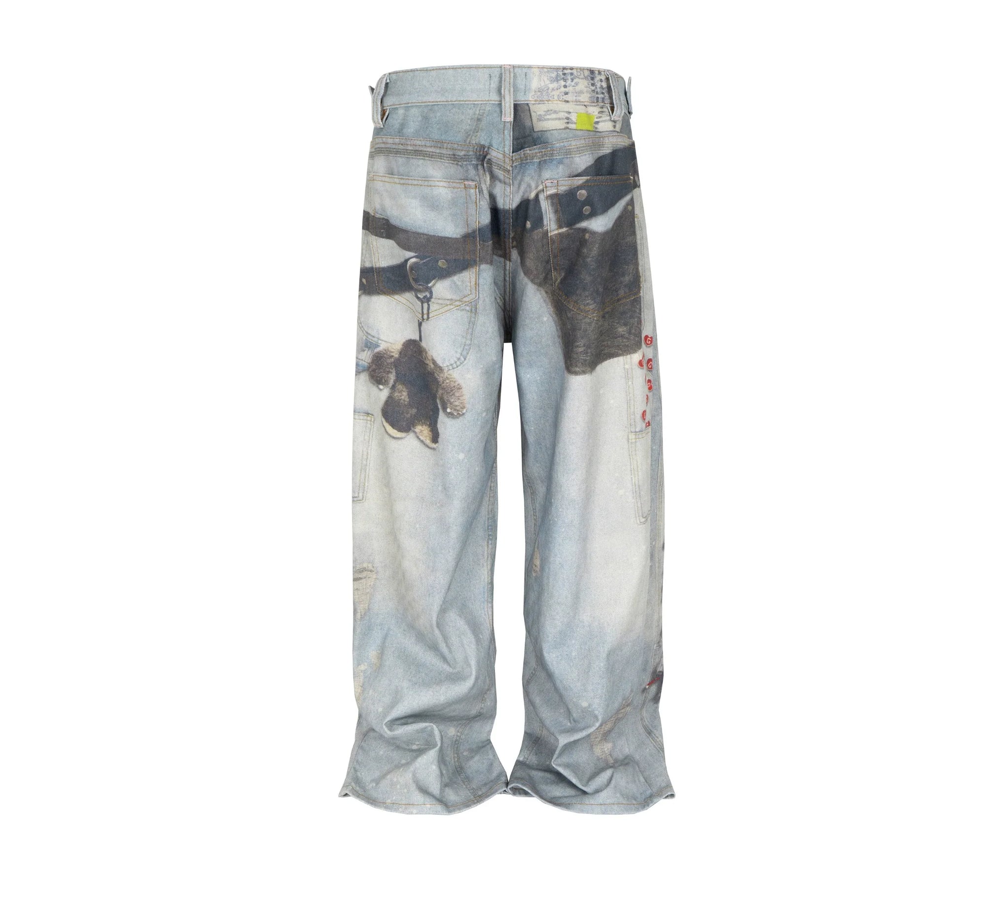 Loose Straight Wide-Leg Floor-Length Blue Jeans with Printed Visual Keychain Pattern