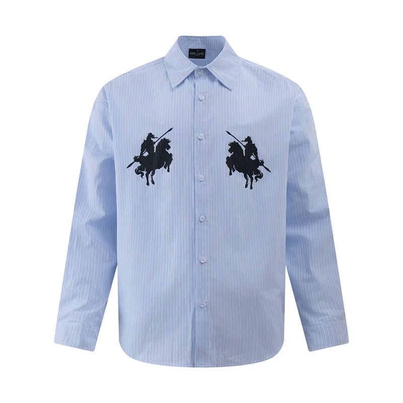 Vintage Over Printed Striped Shirt for Men, lapel Casual Coat Top