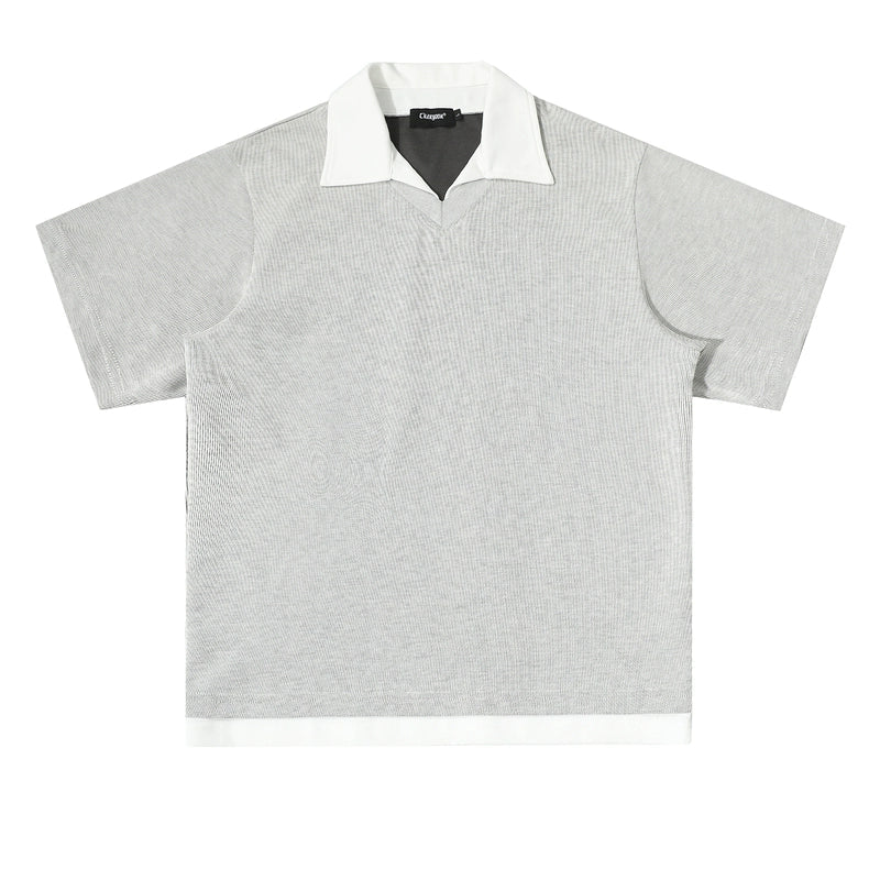 Men’s Contrast Collar Knit Polo Shirt – Short Sleeve Casual Grey Top with White Trim