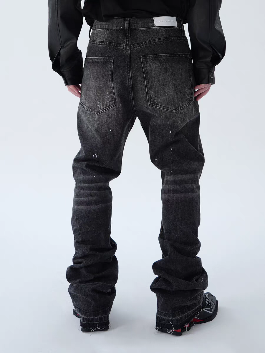 Whisker Textured Worn-out Splash Ink Hand Slim Fit Stacked Denim Jeans Pants Tide