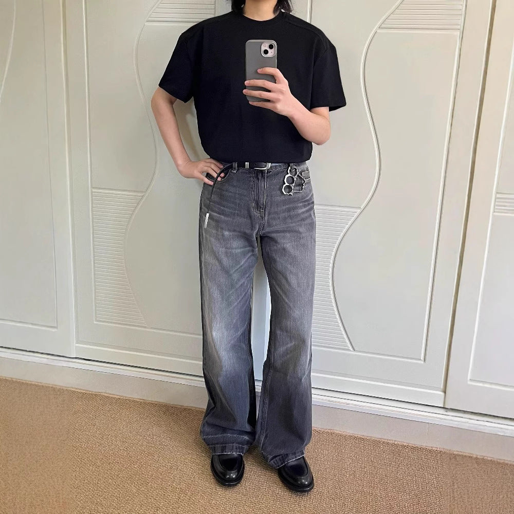 "Glacier Ripple" Ice Washed Blue and Black Old High Ounce A-line straight wide-leg Jeans for Men