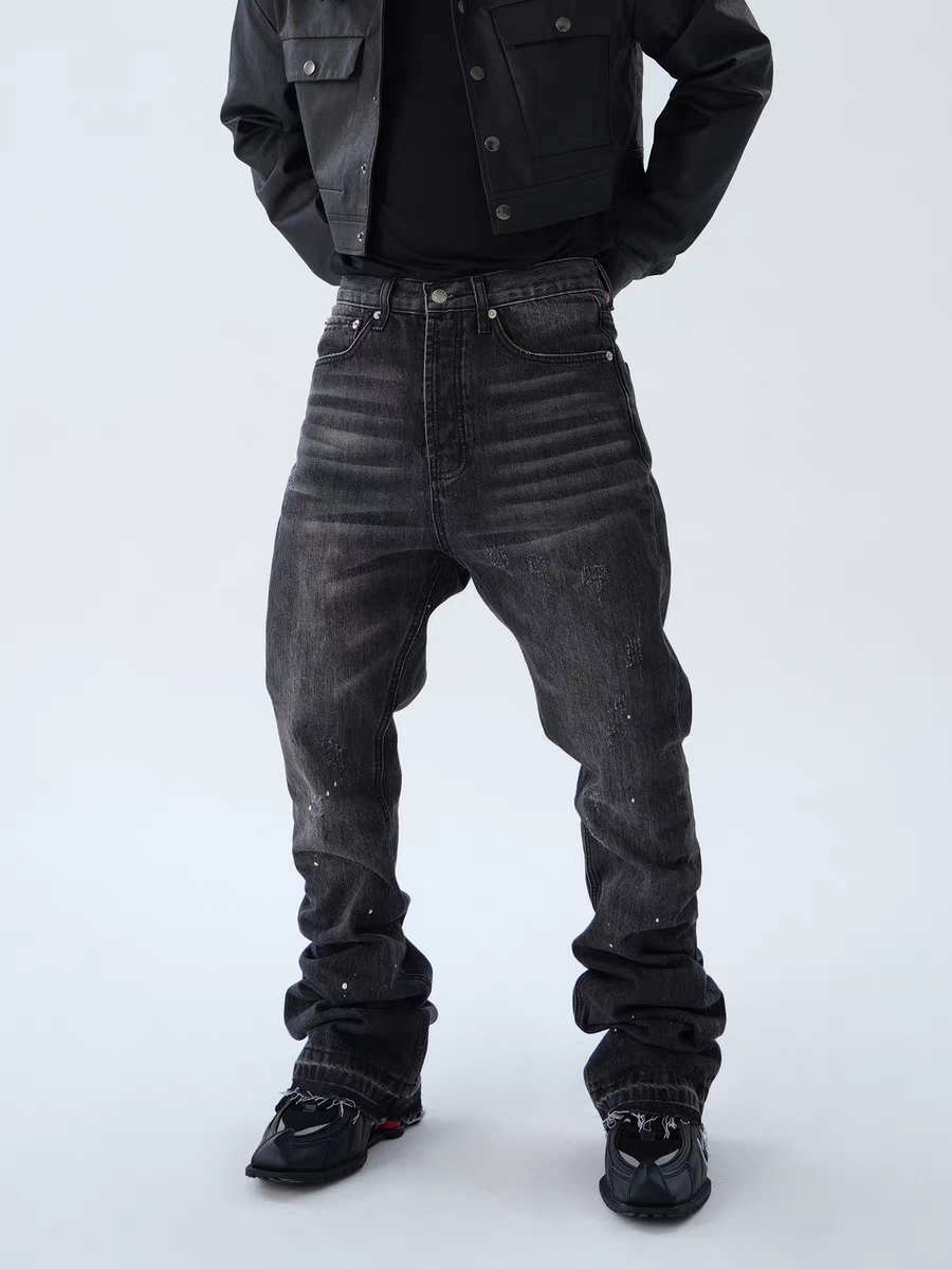Whisker Textured Worn-out Splash Ink Hand Slim Fit Stacked Denim Jeans Pants Tide