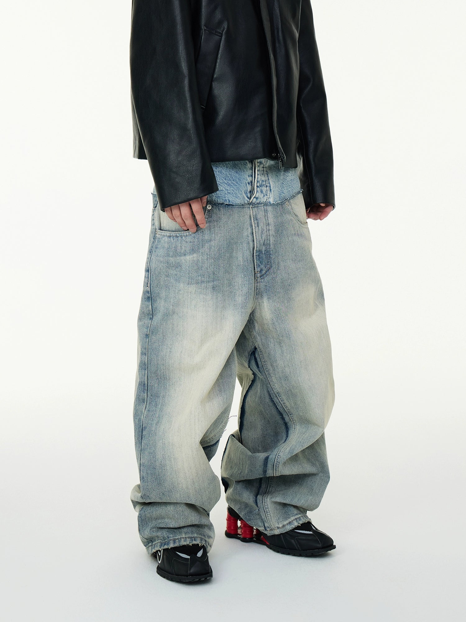 Oversized Denim Utility Pants With Layered Waistband Detail Baggy Crotch Jeans