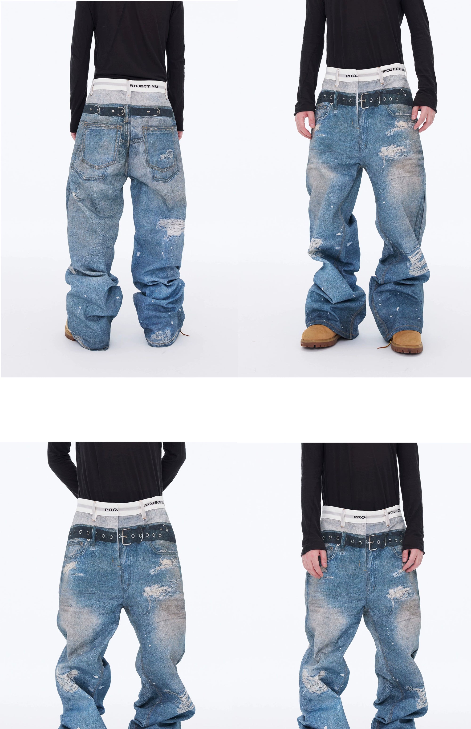 3d Blue Printed Denim Three-dimensional Visual Effect Loose Double Waist Toe Mopping Wide Leg Jeans Tide