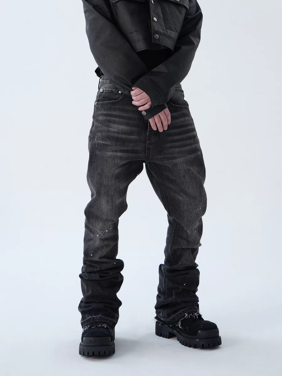 Whisker Textured Worn-out Splash Ink Hand Slim Fit Stacked Denim Jeans Pants Tide