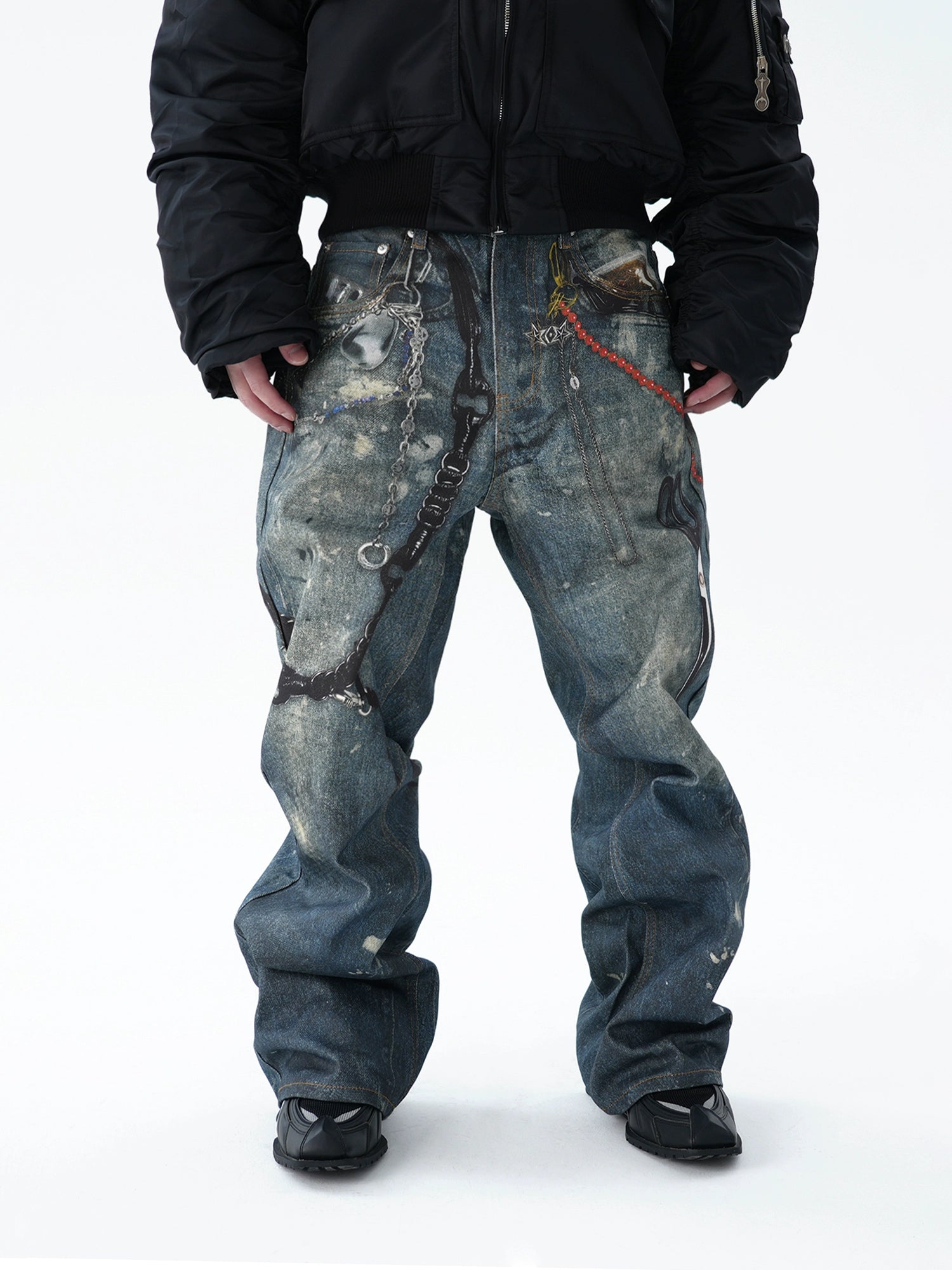 Cubbiluppi™ Printed Chain & Scissors Graphic on a Loose Straight Wide Leg Denim Jeans Trousers Tide for Men