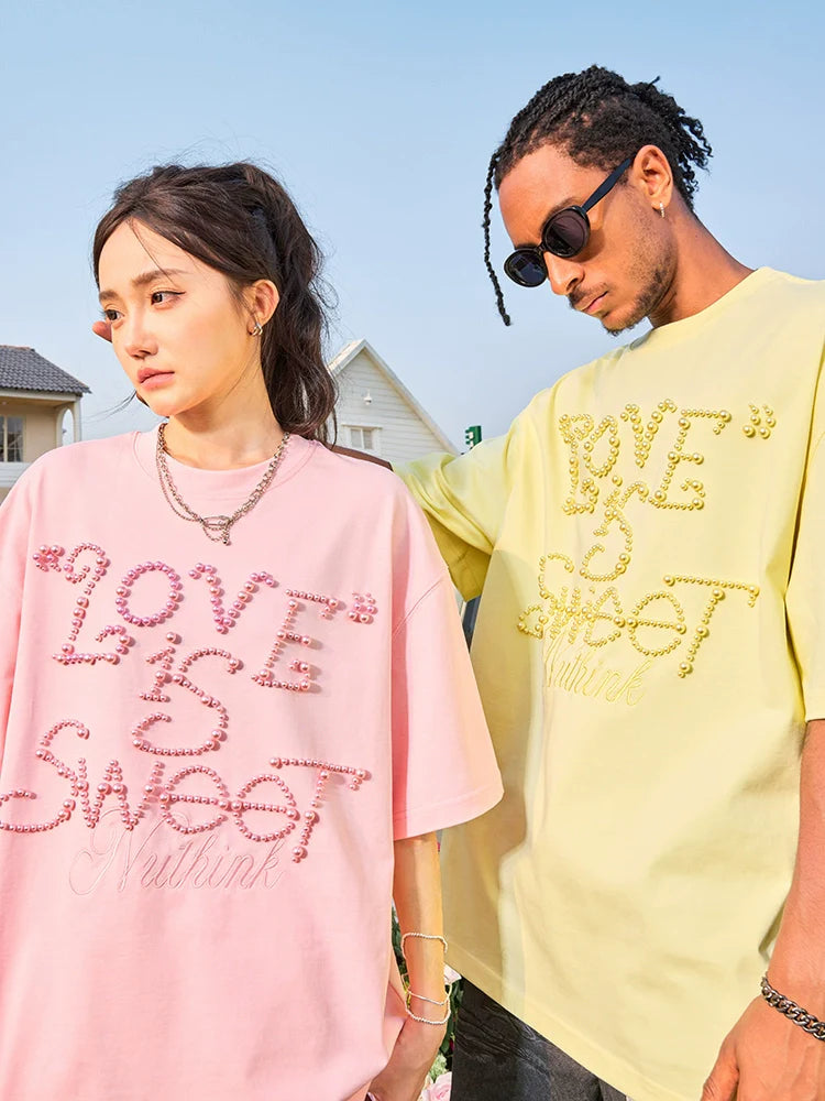 Dopamine Pearl Short Sleeve T-Shirt Alphabet Trendy Brand Loose Half Sleeve Men and Women Couples 2025