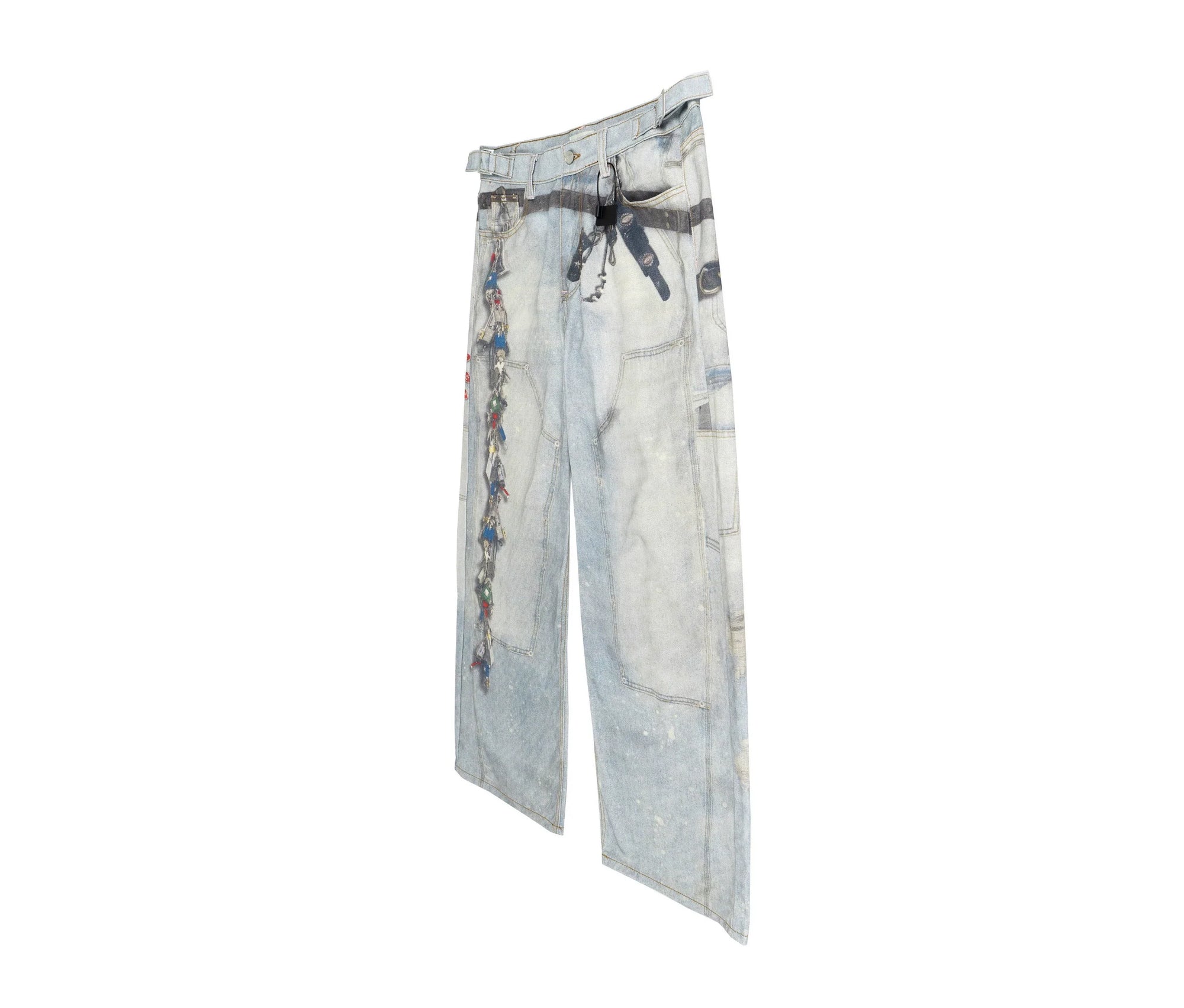 Loose Straight Wide-Leg Floor-Length Blue Jeans with Printed Visual Keychain Pattern