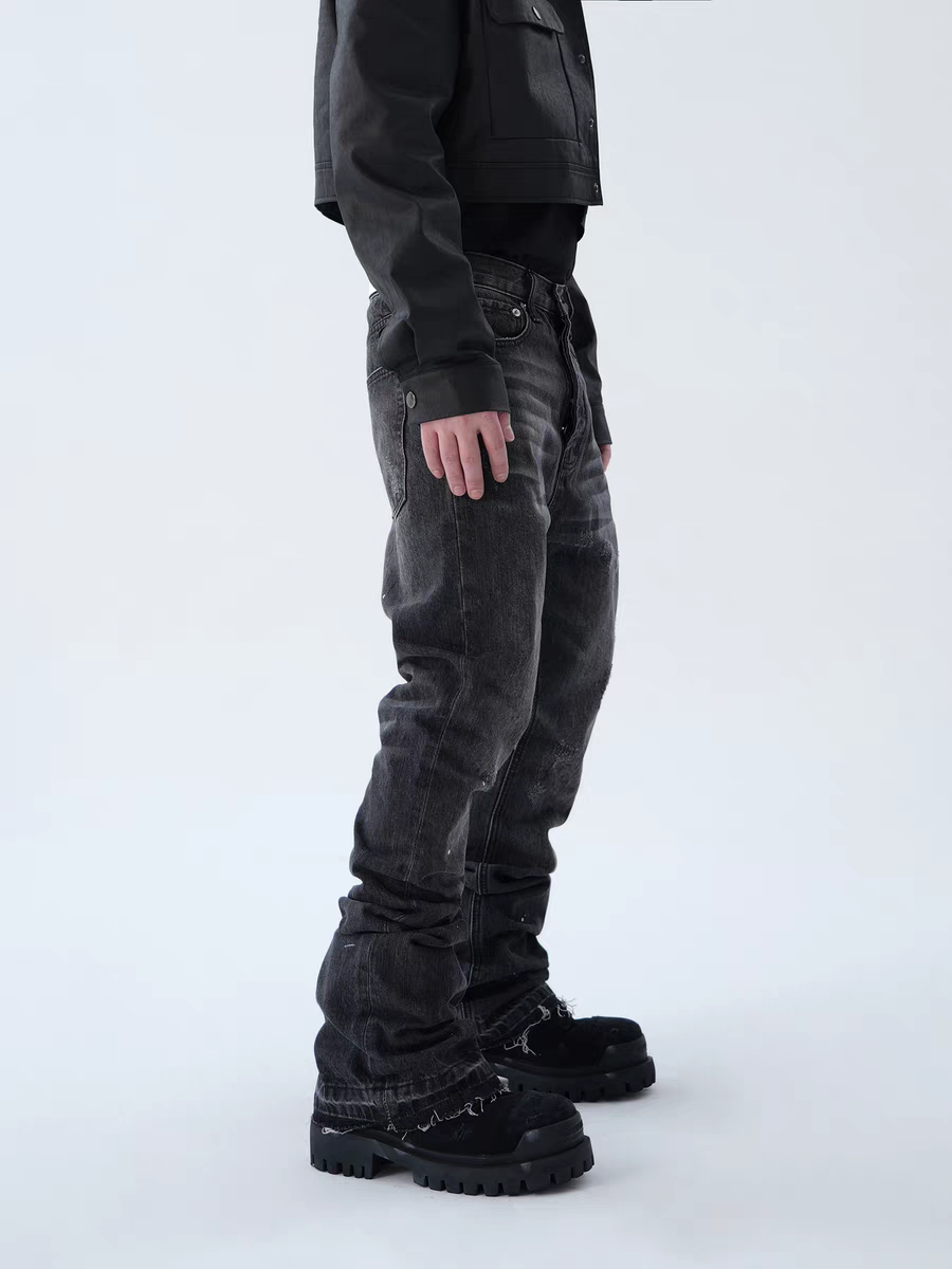 Whisker Textured Worn-out Splash Ink Hand Slim Fit Stacked Denim Jeans Pants Tide
