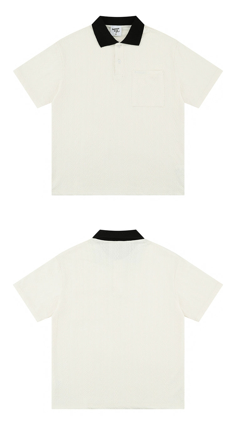 Minimalist White Polo Shirt with Black Contrast Collar and Pocket Detail