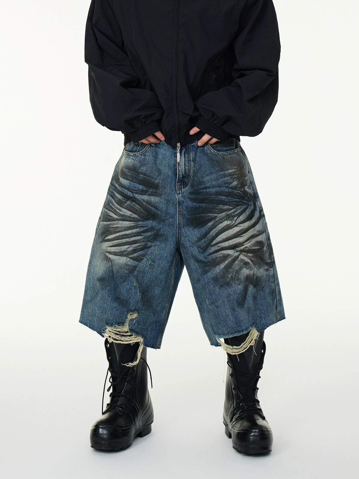 Washed Distressed Stained Clawed Leg Knife Cut Irregular Panel Loose Cropped Denim Shorts
