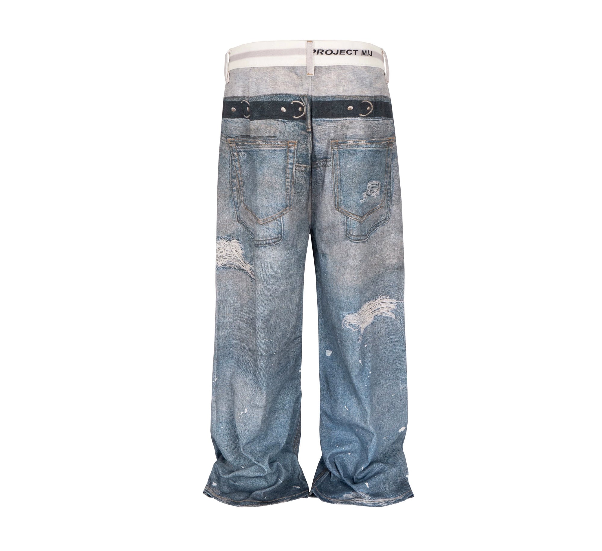 3d Blue Printed Denim Three-dimensional Visual Effect Loose Double Waist Toe Mopping Wide Leg Jeans Tide