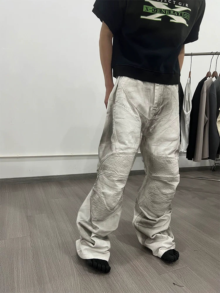 Rubbed Dirty Distressed White Biker Style Pleated Silhouette Wide-Leg Casual Denim Trousers for Men